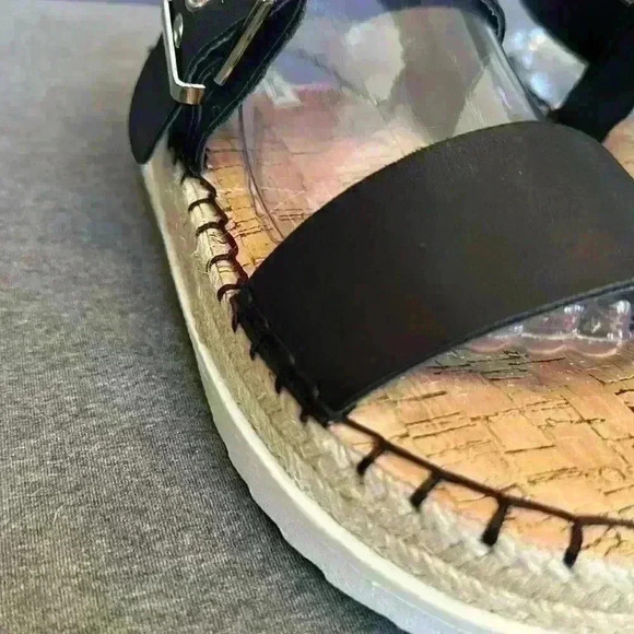 MTNG Wedge Sandal Black Strap Faux Leather Espadrille Cork Soles Women 40-9/9.5 - Picture 8 of 12